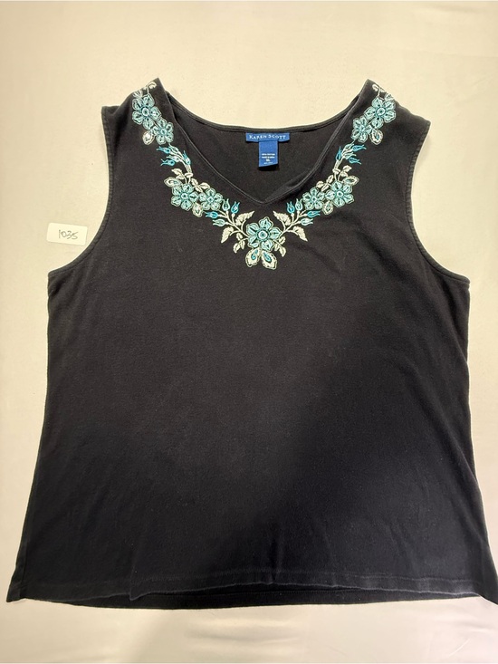Karen Scott Tops - Karen Scott Black V-Neck Tank with Teal Floral Embroidery